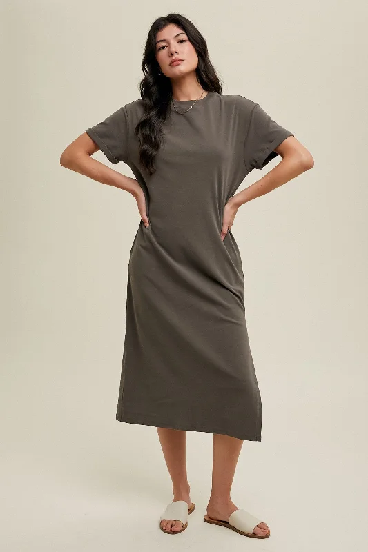 Women's Travel Attire Charcoal Basic Side Slit Midi Dress