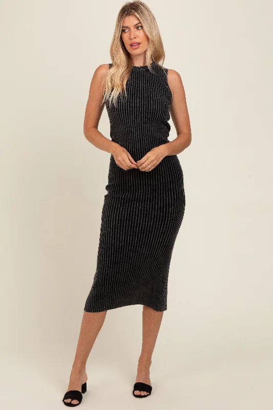 Women's Resort Garments Charcoal Vintage Wash Ribbed Cutout Dress