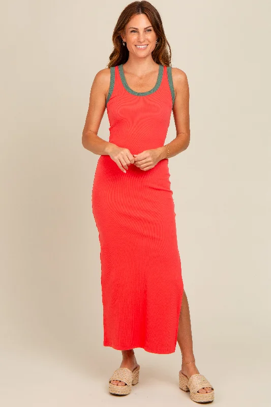 Women's Formal Event Outfit Coral Colorblock Side Slit Maxi Dress