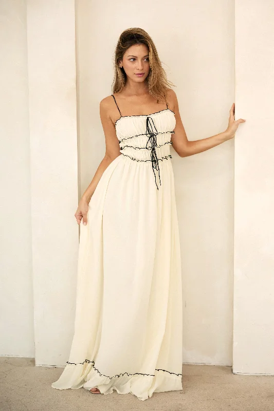 Women's Weekend Outfit Cream Color Contrast Peasant Sleeveless Maxi Dress