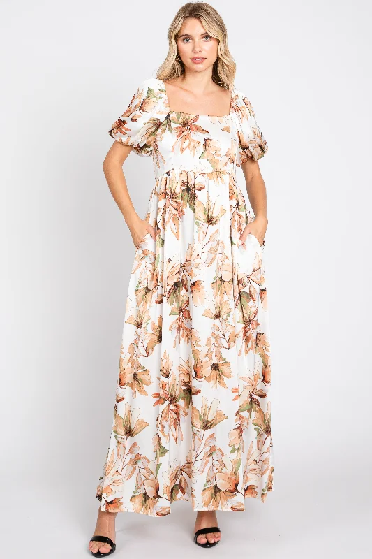 Women's Online Boutique Cream Floral Satin Puff Sleeve Maxi Dress