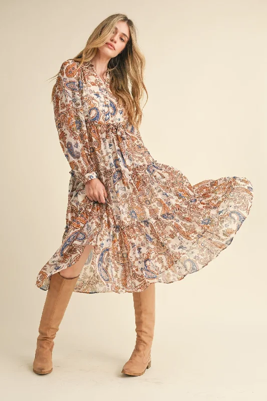 Clearance Sale Online Cream Paisley Print Button Down Midi Dress