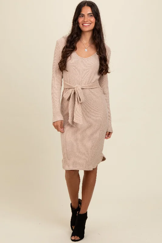 Affordable Women's Clothes Cream Ribbed Knit Long Sleeve Tie Waist Dress