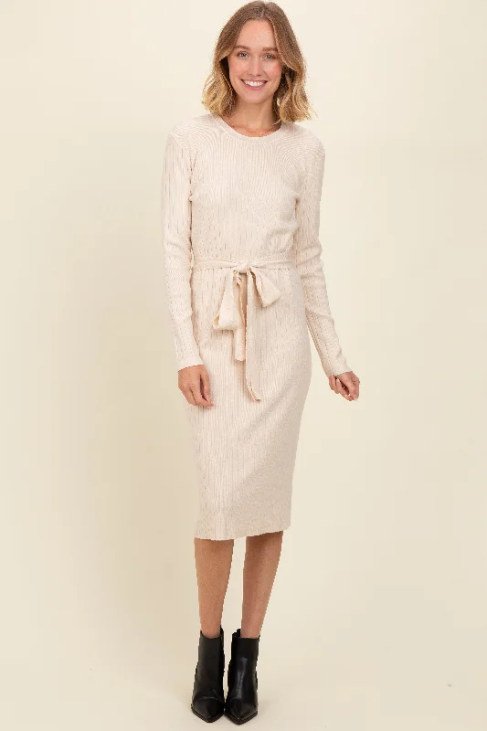 New Arrival Discounts Cream Ribbed Sash Tie Midi Sweater Dress