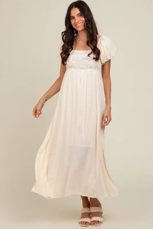 Women's Evening Wear Cream Smocked Puff Sleeve Maxi Dress