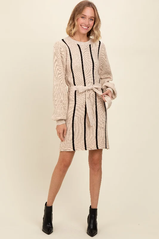 Women's Urban Fashion Cream Striped Sash Tie Sweater Dress