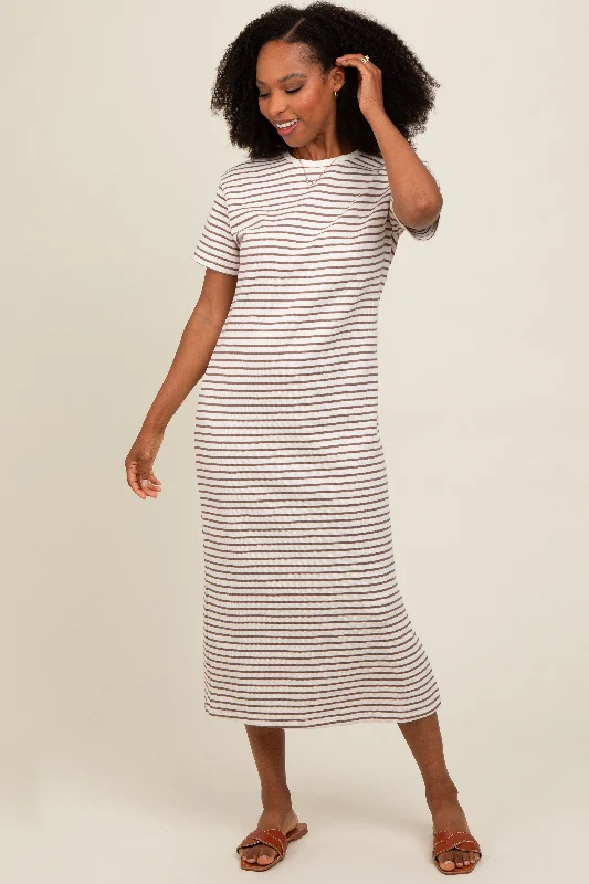 Chic And Comfortable Cream Striped Short Sleeve T-Shirt Midi Dress