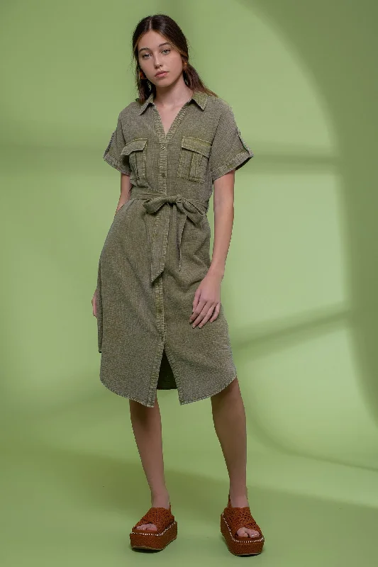 Comfortable Loungewear for Women Dark Olive Washed Button Down Belted Midi Dress