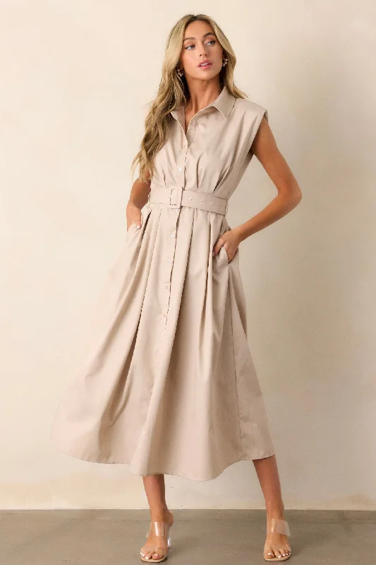 Women's Versatile Apparel Days Go By Beige Belted Midi Dress