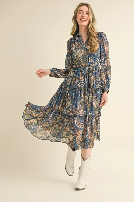 Online Clothing Boutiques Denim Blue Paisley Print Button Down Midi Dress