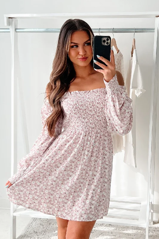 Versatile Outfits Dignified Beauty Long Sleeve Floral Mini Dress (Pink)