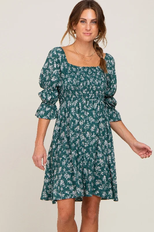 Women's Everyday Attire Forest Green Floral Ruffle Sleeve Smocked Dress