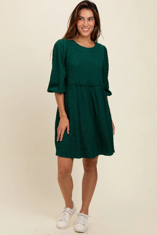 Women's Holiday Attire Forest Green Knit Ruffle Trim Dress