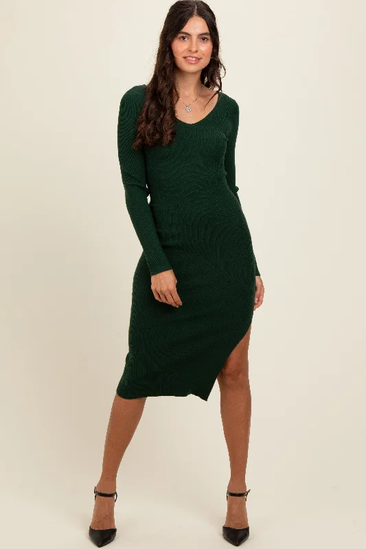 Sustainable Women's Apparel Forest Green Ribbed Knit Side Slit Midi Dress