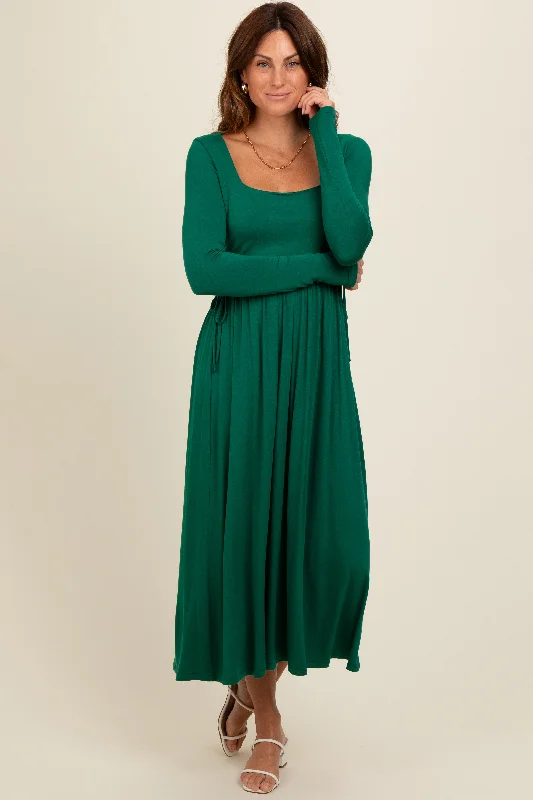 Casual Fashion Forest Green Square Neck Long Sleeve Midi Dress