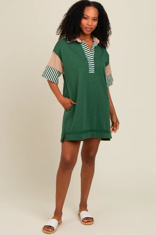 Women's Trendy Outfits Forest Green Striped Color Block Collared Terry Dress