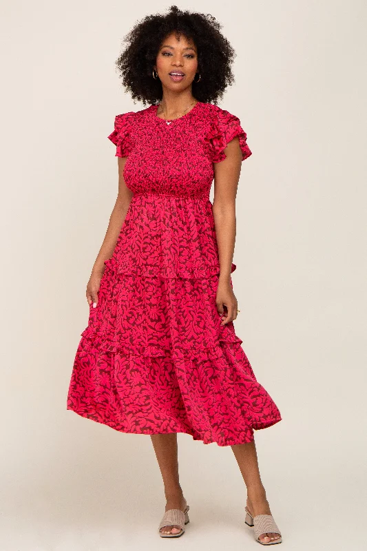 Comfortable Outfit For Women Fuchsia Print Smocked Ruffle Tiered Midi Dress