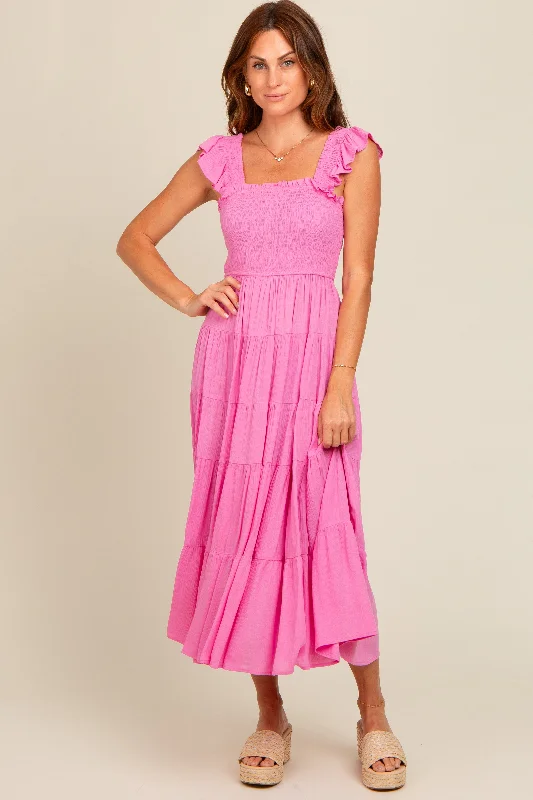 Women's Transitional Outfit Fuchsia Smocked Tiered Ruffle Strap Midi Dress