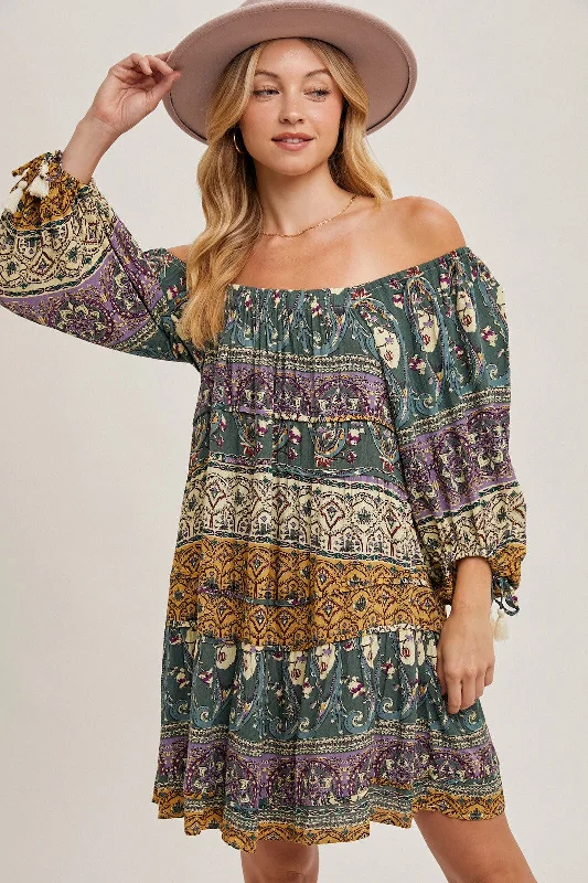 Discount Store Gold Green Paisley Print Boho Off Shoulder Dress