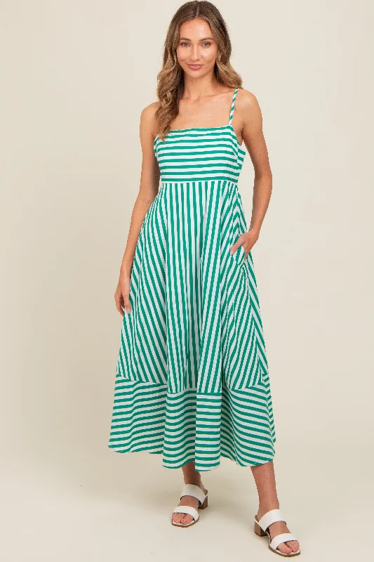 Women's High-Fashion Apparel Green Contrast Stripe Midi Dress