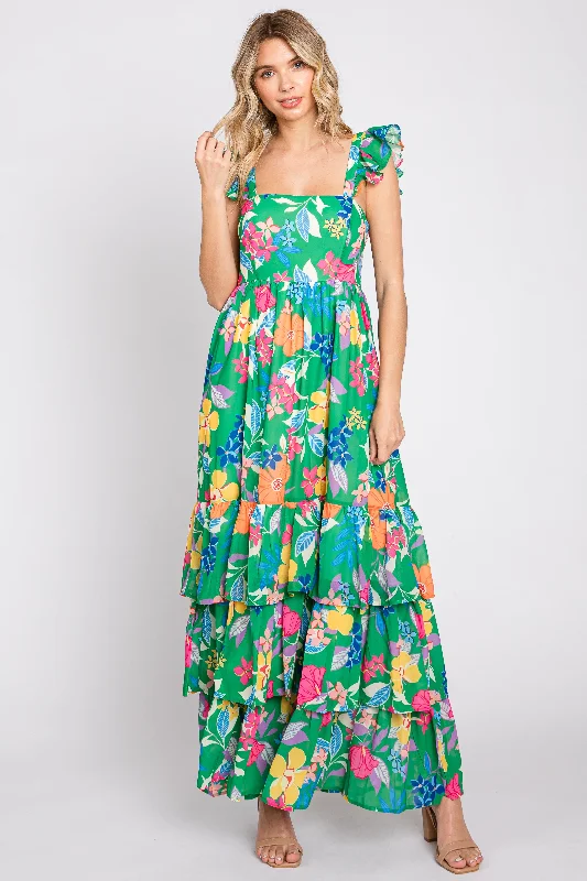 Extreme Clearance Deals Green Floral Chiffon Square Neck Ruffle Maxi Dress