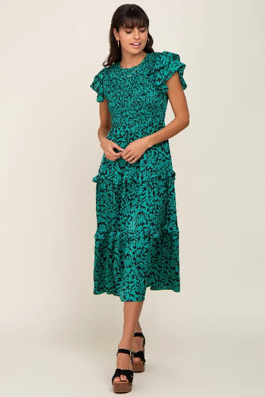 Formal Outfit For Women Green Print Smocked Ruffle Tiered Midi Dress