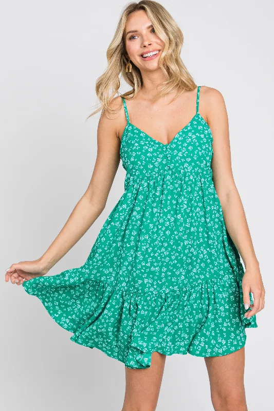 Vintage Women's Fashion Green Print Tiered Dress