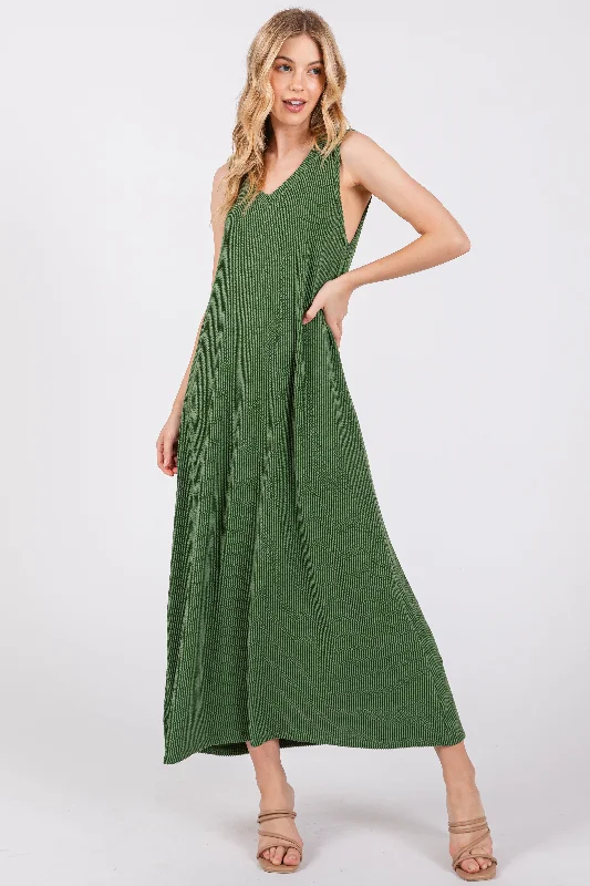 Women's Seasonal Fashion Trends Green Sleeveless Ribbed Maxi Dress