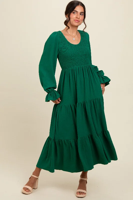 Discount Store Green Smocked Tiered Long Sleeve Maxi Dress