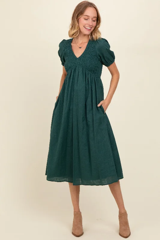 Comfortable Clothes Green Smocked V-Neck Puff Sleeve Midi Dress