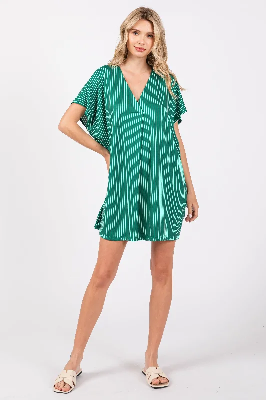 Women's Vacation Outfit Set Green Striped Soft Knit Dress