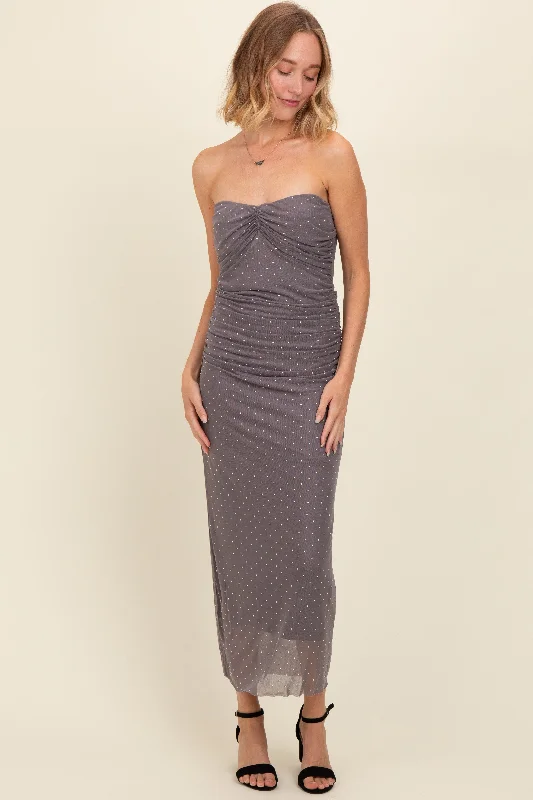 Women's Work Apparel Grey Dot Print Strapless Ruched Maxi Dress