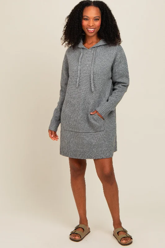 Women's Outerwear Attire Grey Hooded Front Pocket Sweater Dress