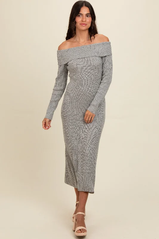 Women's Casual Apparel For Weekends Heather Grey Off Shoulder Back Tie Sweater Midi Dress