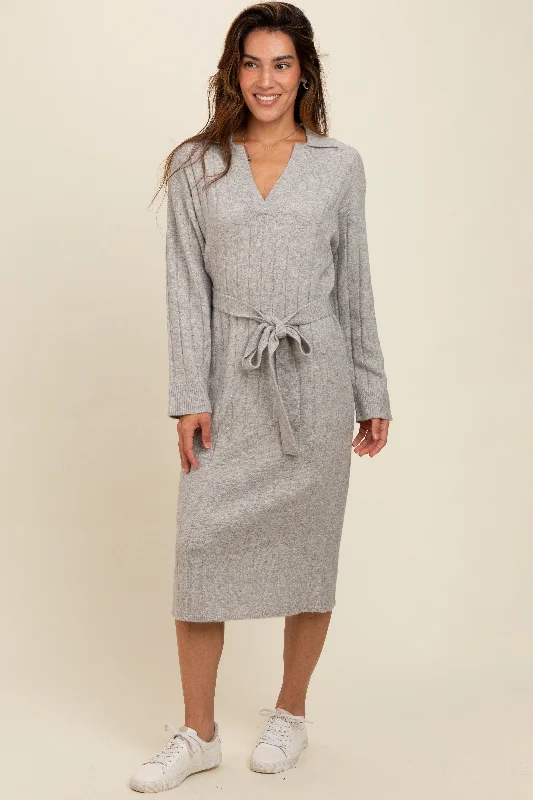 Women's Sports Apparel Heather Grey Ribbed Sweater Collared Midi Dress