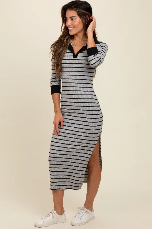 Women's Chic Outerwear Outfit Heather Grey Striped Collared Long Sleeve Midi Dress