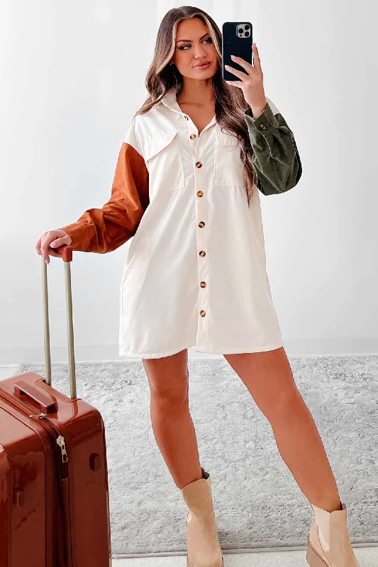 Women's Evening Outfit Hope You Know Colorblock Corduroy Shirt Dress (Cream)