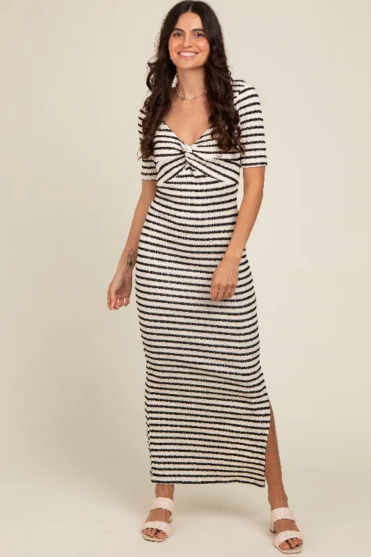 Everyday Wear Ivory Black Striped Knit Short Sleeve Maxi Dress