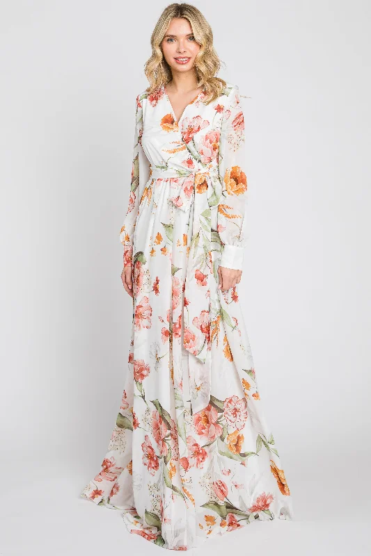 Women's Plus-Size Outfit Ivory Floral Chiffon Long Sleeve Maxi Dress