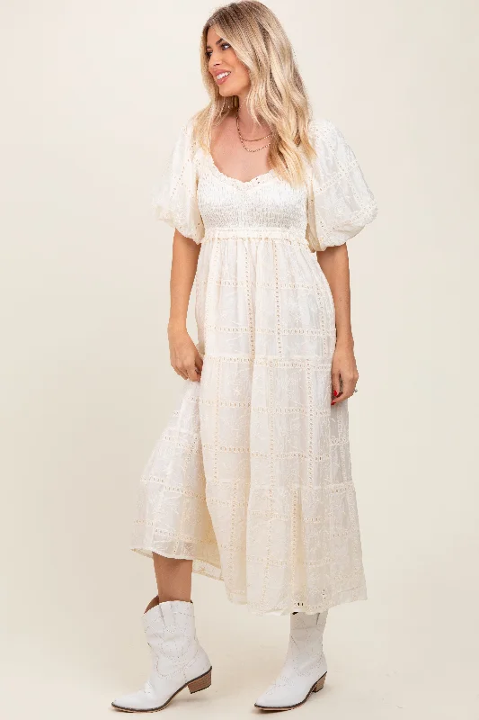 Fashion Sale Ivory Smocked Puff Sleeve Maxi Dress