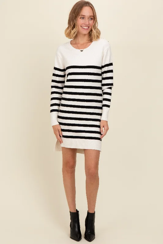 Elegant Clothing Ivory Striped Basic Sweater Dress