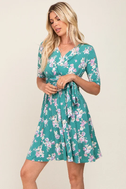 Unique Women's Fashion Pieces Jade Floral Wrap Front V-Neck Short Sleeve Dress