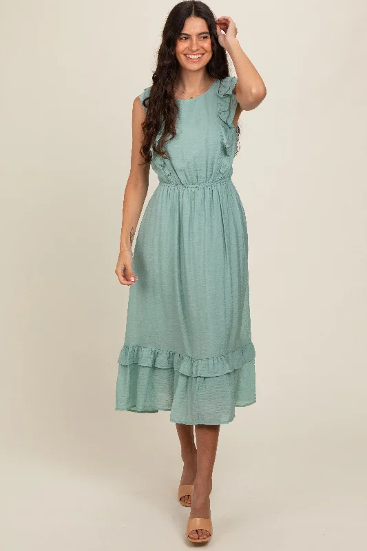 Women's Holiday Apparel Jade Texture Ruffle Accent Midi Dress