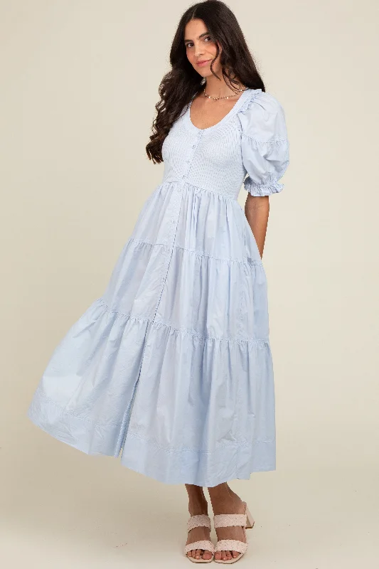 Elegant Styles Light Blue Contrast Top Tiered Midi Dress