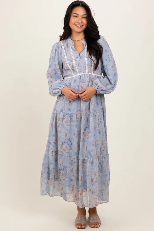 Women's Formal Clothes Light Blue Floral Lace Trim Maxi Dress