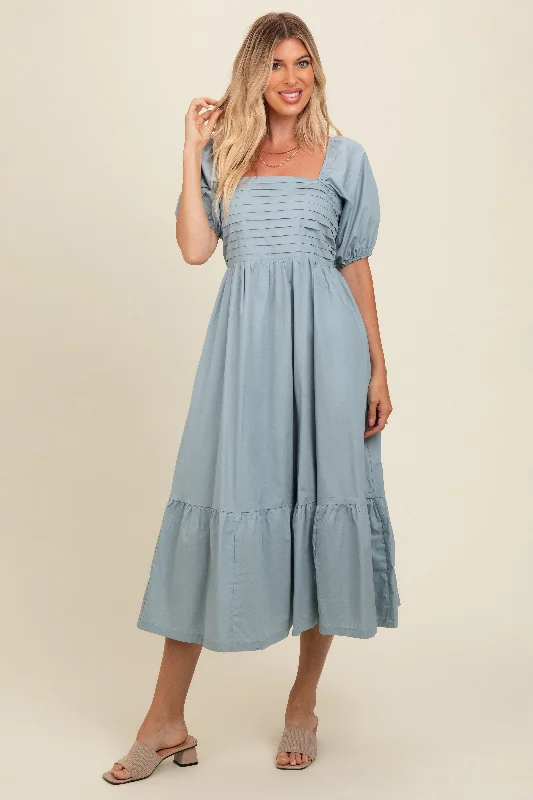 Stylish Women's Outerwear Apparel Light Blue Pleated Bodice Puff Sleeve Midi Dress