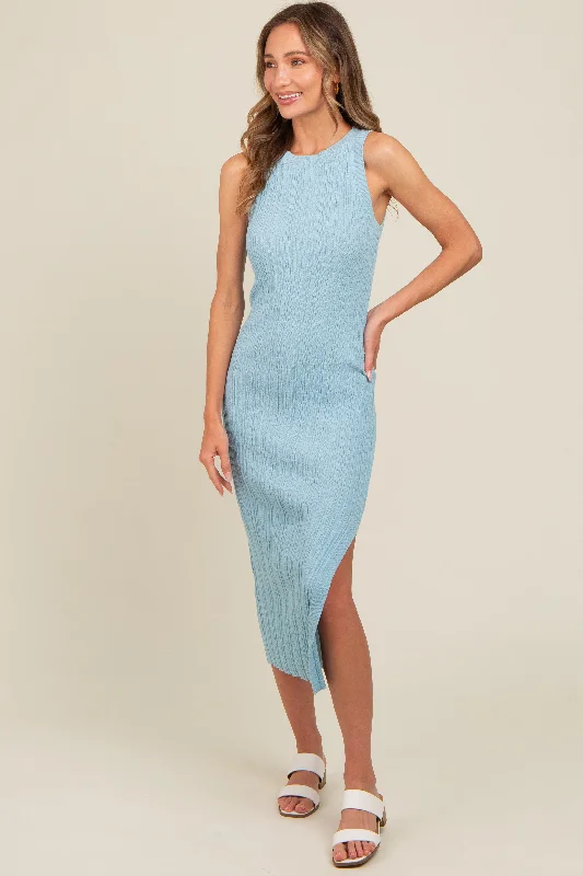 Women's Trendy Activewear Apparel Light Blue Ribbed Side Slit Sleeveless Midi Dress