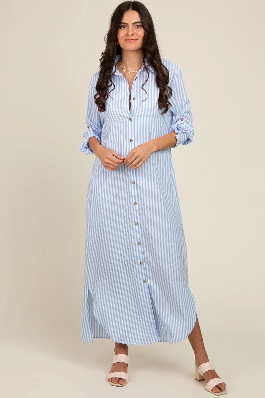 Women's Casual Apparel For Weekends Light Blue Striped Button Down Maxi Dress