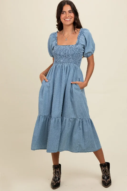 Women Fashion Light Blue Vintage Wash Chambray Smocked Midi Dress