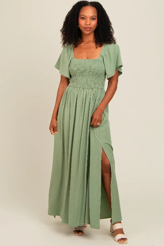 Women's Office Attire Light Olive Chambray Smocked Maxi Dress